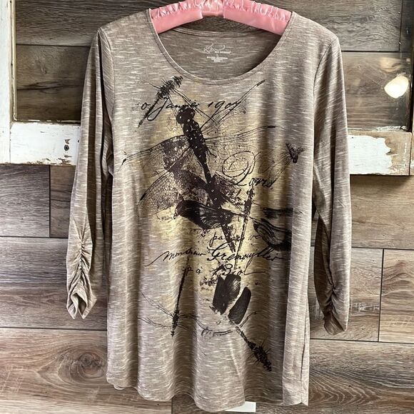 Kim Rogers Ladies 3/4 Sleeve Pullover Top Embellished Butterfly Print Brown Sz L - Picture 10 of 10